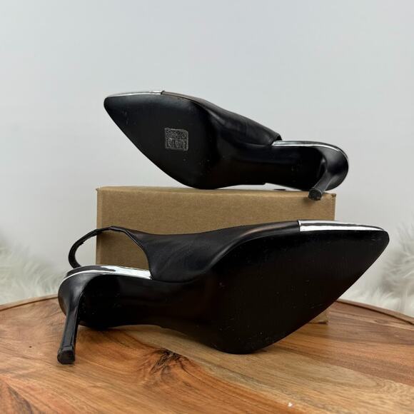 Nine West Sz 8M Black Silver Cap Toe Pointed Slingback Stiletto Heels Pumps Chic - Picture 14 of 14
